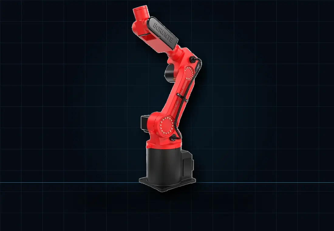 Red articulated robot arm on a black base.