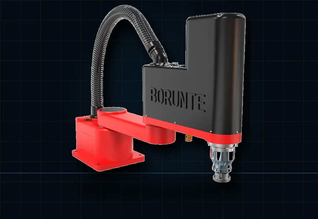 Red and black SCARA robot with an overhead cable conduit.